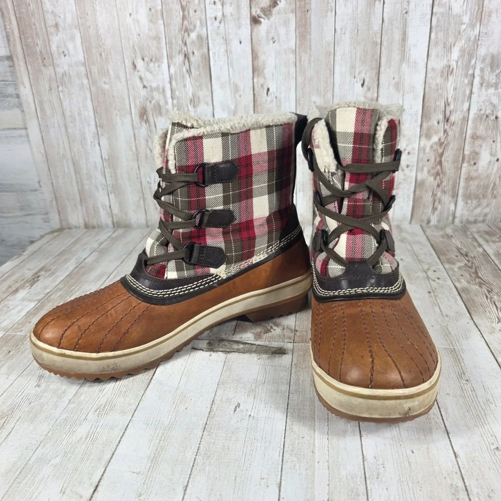 Sorel Waterproof Plaid Lined Snow Boots Women's Size 7.5‎ Tan Leather Winter